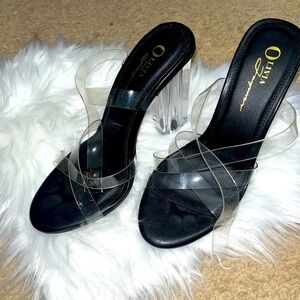 Olivia Ferguson clear block strappy heels